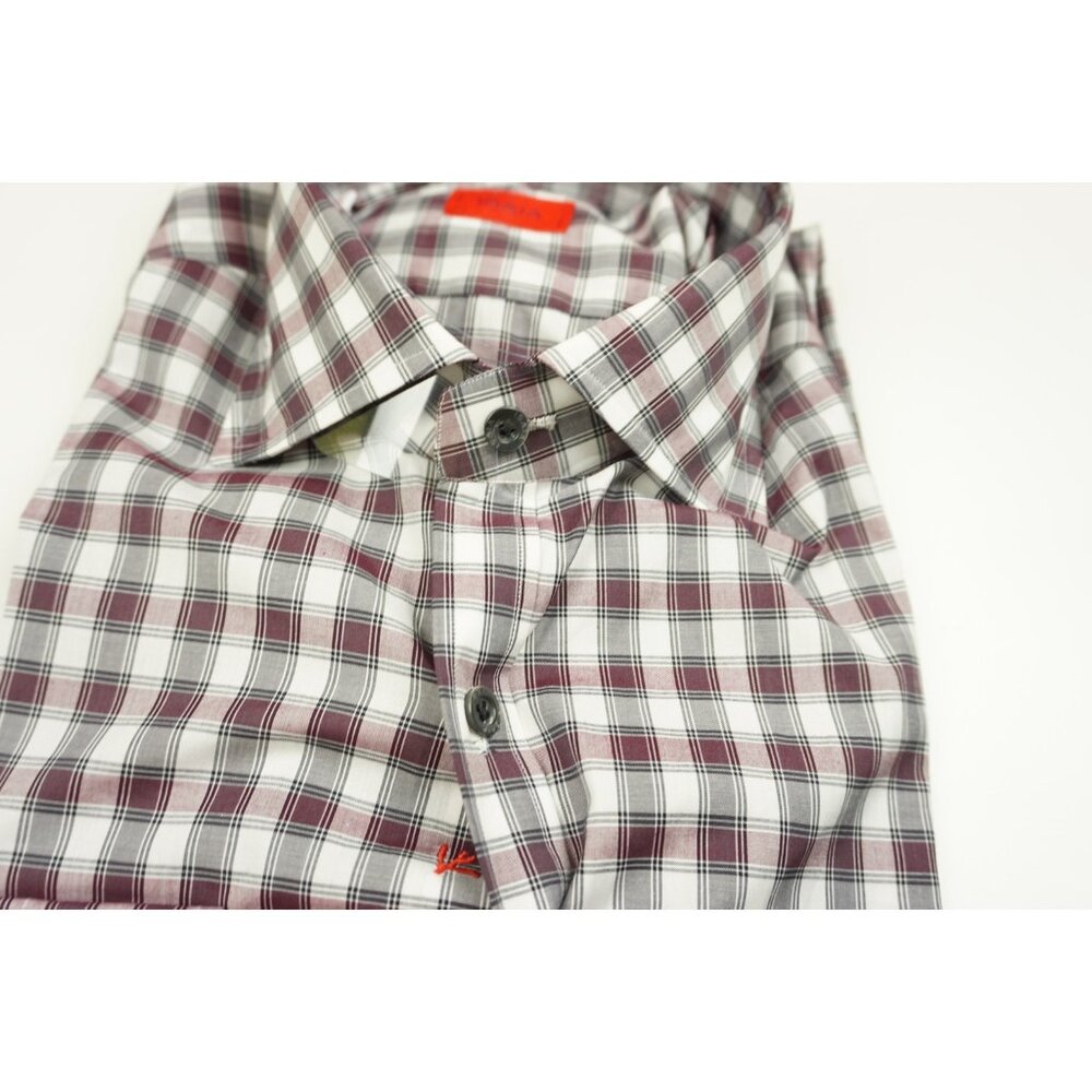 Isaia Merlot Red White Black  Plaid Long Sleeve Cotton Dress Shirt 15.5/39 NEW - Picture 3 of 6
